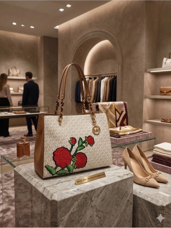 Michael Kors Handbags - Michael Kors Ivory & Tan Tote with Red Rose Appliqué